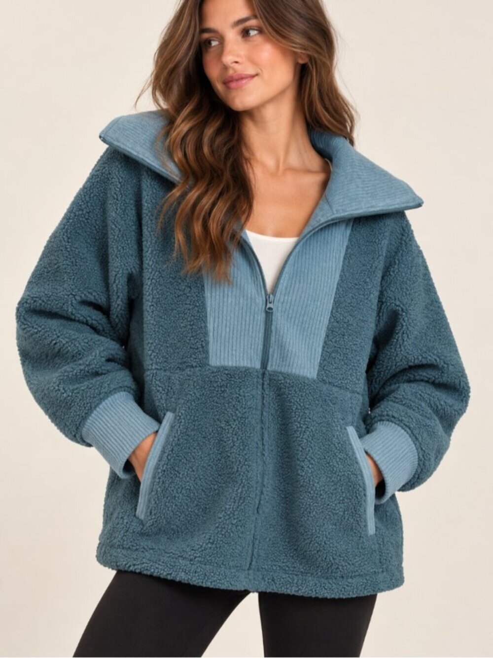 Columbia Teal Sherpa Fleece Pullover Jacket Small Quarter Zip Oversized 0754
